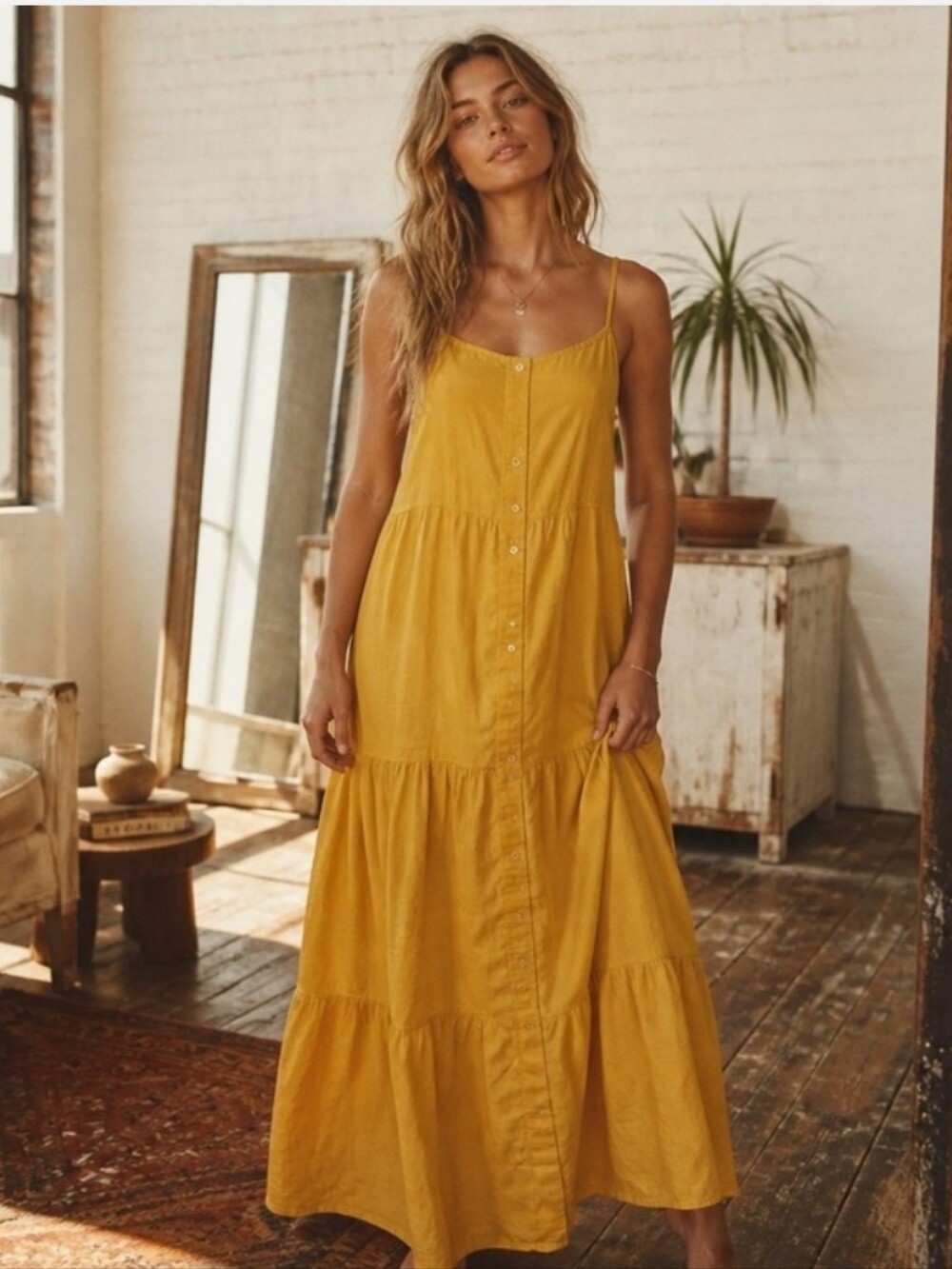 LOFT Golden Mustard Button-Front Tiered Maxi Dress